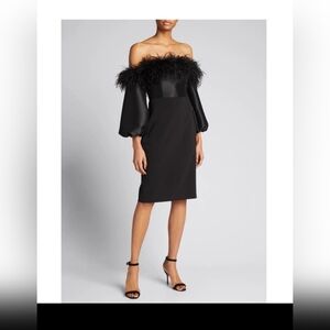 Badgley Mischka Feather Trim Off the Shoulder Cocktail Dress